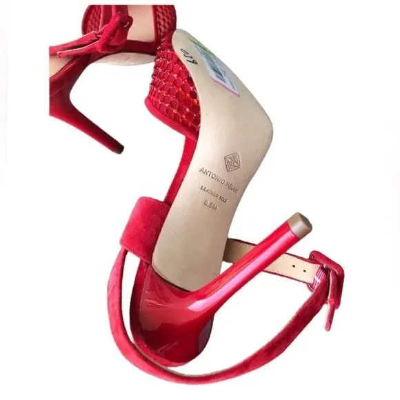 NWT Antonio Melani Red Mesh Sparkle Pointy Front Suede Ankle Strap High Heels - Picture 7 of 7